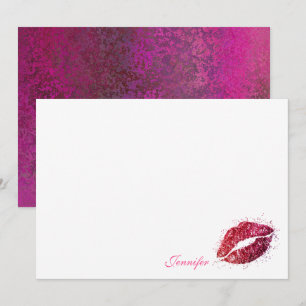 Rosa Glitter Mädchen Lippenstift Kuss Personalisie Mitteilungskarte