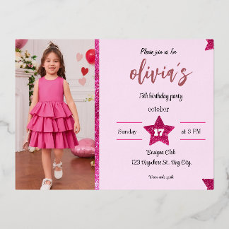 rosa Glitter Mädchen Rosa Geburtstag süß Folie Einladungspostkarte