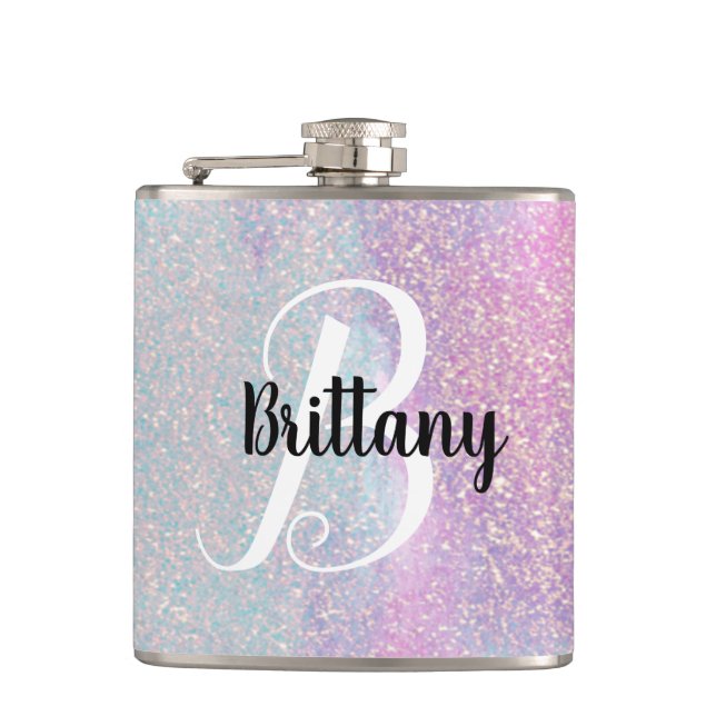 Rosa Glitter Monogramm Flachmann (Vorderseite)