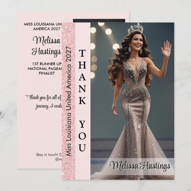 Rosa Glitter Pageant Dankeskarten Pageants (Vorne/Hinten)
