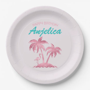 Rosa Glitter Retro Flamingo und Palmen Pappteller