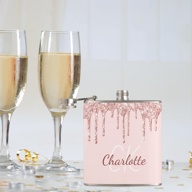Rosa Glitter-Roségold-Monogramm-Name Flachmann (Von Creator hochgeladen)