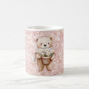 Rosa Glitter Süßer Bär Gänseblümchen Blumen Kaffeetasse