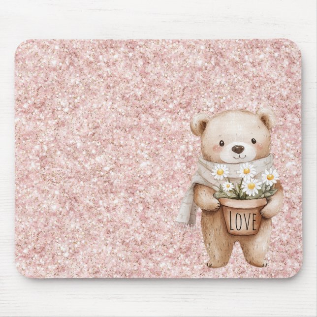 Rosa Glitter Süßer Bär Gänseblümchen Blumen Mousepad (Vorne)