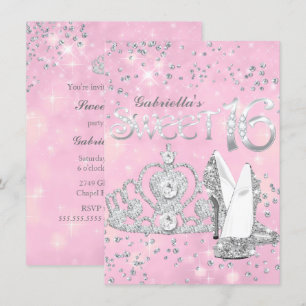 Rosa Glitter-Tiara und -Absätze Sweet 16 Einladung