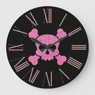 Rosa Glitter Totenkopf und Kreuzknochen auf Schwar Große Wanduhr