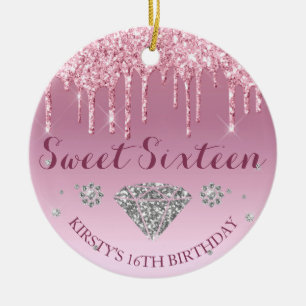 Rosa Glitter-Tropf Diamant Sweet Sixteen Keramik Ornament