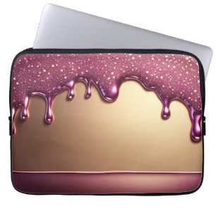 Rosa Glitter-Tropfen über goldenem Metallhintergru Laptopschutzhülle