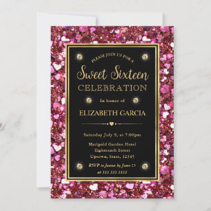 Rosa Glitter Valentinsherzen Sweet Sixteen Einladung