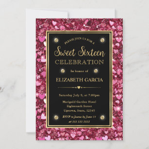 Rosa Glitter Valentinsherzen Sweet Sixteen Einladung
