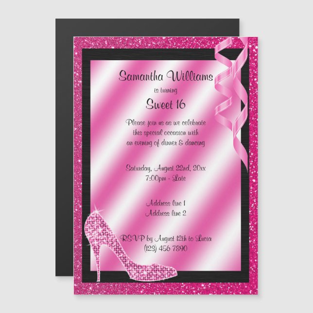Rosa Glitterie Stiletto & Streamers Sweet 16 Magneteinladung (Vorne/Hinten)