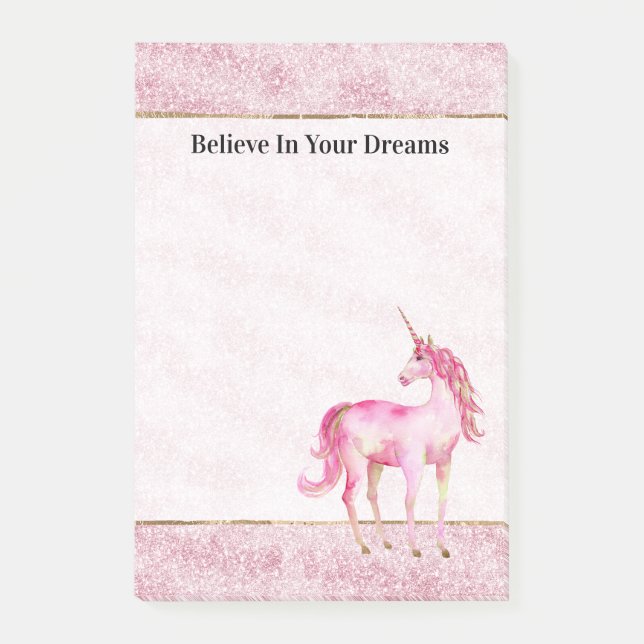Rosa Glitz Glitter Einhorn Post-it Klebezettel (Vorderseite)