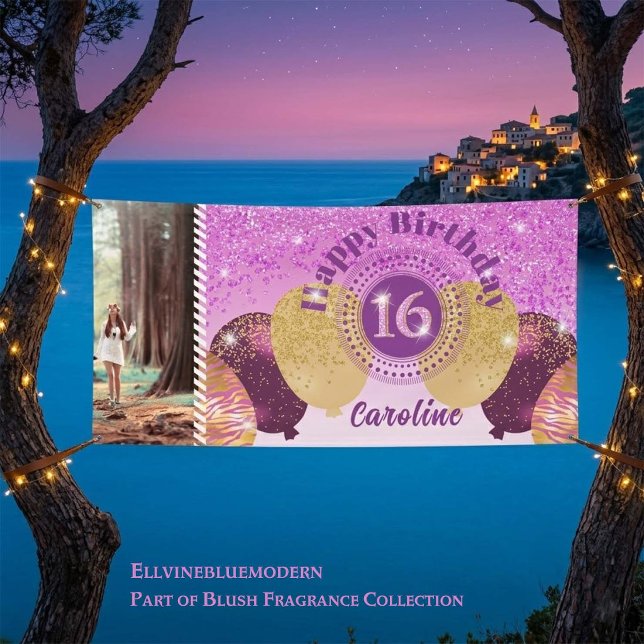 Rosa Glitzer 16. Geburtstag & Balloons Banner (Sweet 16 Banner, Blush Fragrance Collection by Ellvinebluemodern)