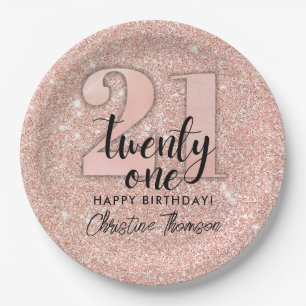 Rosa Glitzer 21. Geburtstag Papier Teller