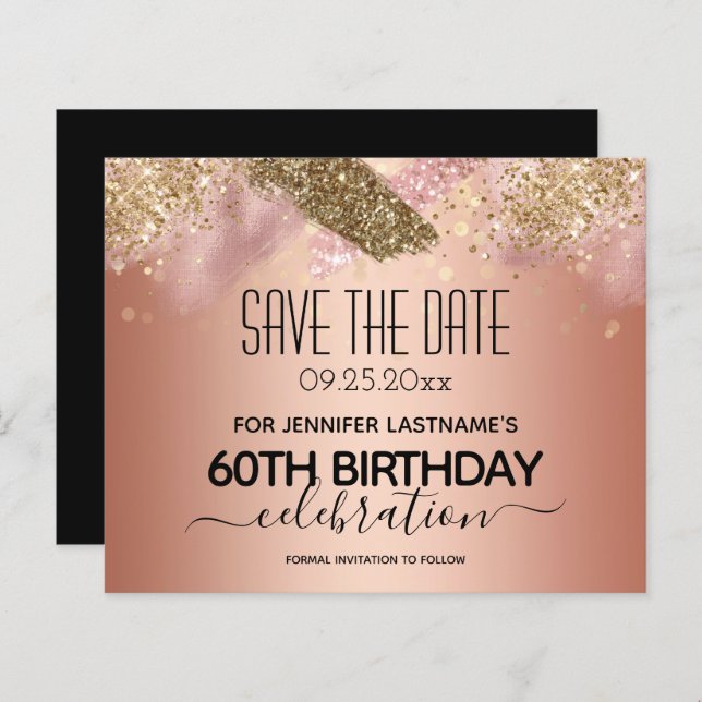 Rosa Glitzer 60. Geburtstag Save the Date Haushalt (Vorne/Hinten)