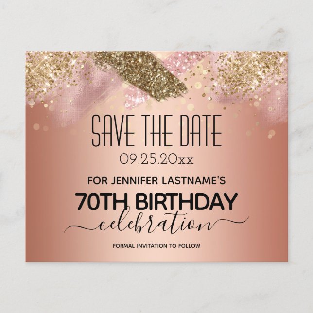 Rosa Glitzer 70. Geburtstag Save the Date Haushalt (Vorderseite)