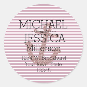 Rosa Glitzer Ankerfarben Streifen Personalisierte Runder Aufkleber