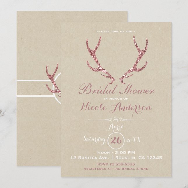 Rosa Glitzer Antlers Rustic Kraft Brautparty Einladung (Vorne/Hinten)