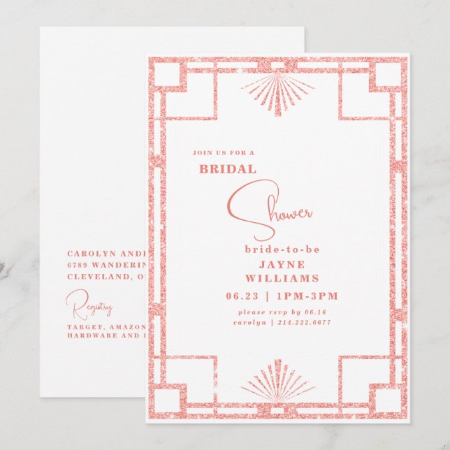 Rosa Glitzer Art Deco Briidal Dusche Einladung (Vorne/Hinten)
