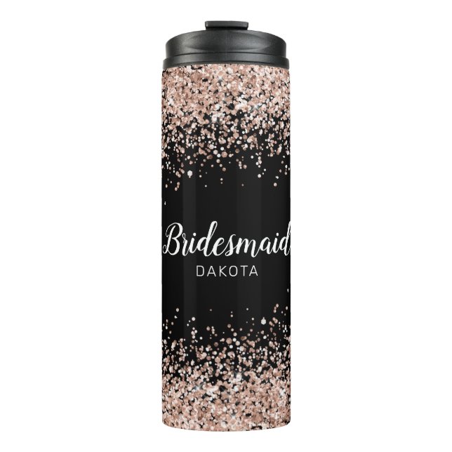 Rosa Glitzer auf Black Bridesmaid Name Thermosbecher (Vorderseite)