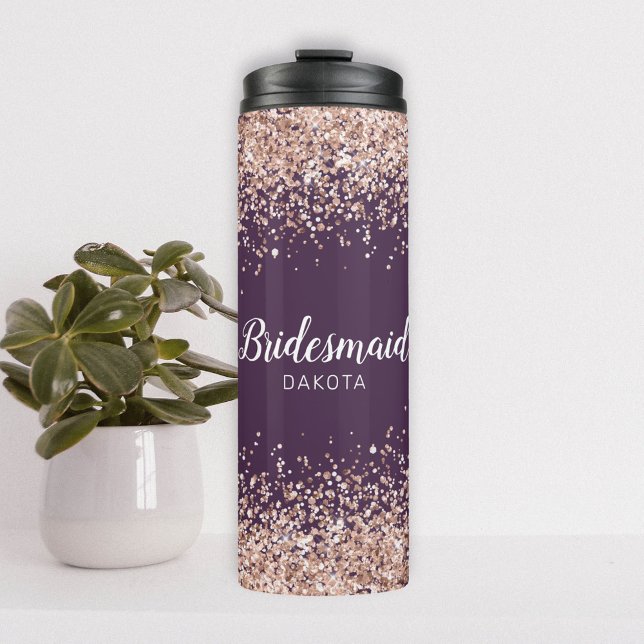 Rosa Glitzer auf Lila Bridesmaid-Namen Thermosbecher (Von Creator hochgeladen)
