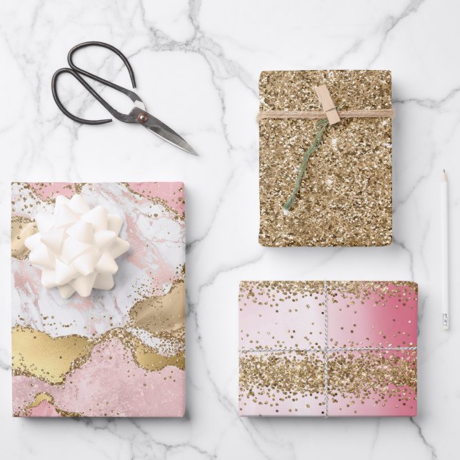 Rosa Glitzer aus weißem Marmor Geschenkpapier Set (Vorderseite)