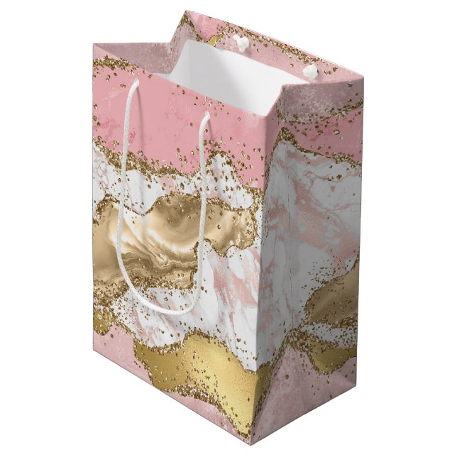 Rosa Glitzer aus weißem Marmor Mittlere Geschenktüte (Vorderseite Schrägansicht)