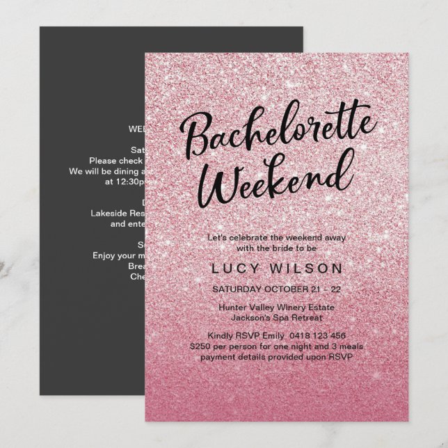 Rosa Glitzer Bachelorette Wochenenden-Einladung Einladung (Vorne/Hinten)