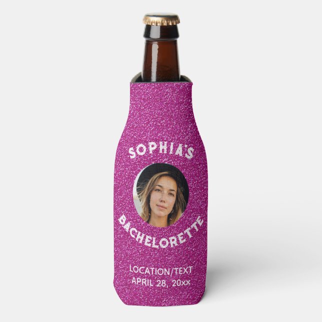 Rosa Glitzer Bacherolette Gastgeschenk Bridge Foto Flaschenkühler (Flaschenvorderseite)