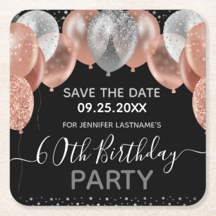 Rosa Glitzer Balloons 60. Geburtstag Save the Date Rechteckiger Pappuntersetzer