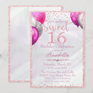 Rosa Glitzer Balloons auf Satin Sweet 16 Geburtsta Einladung