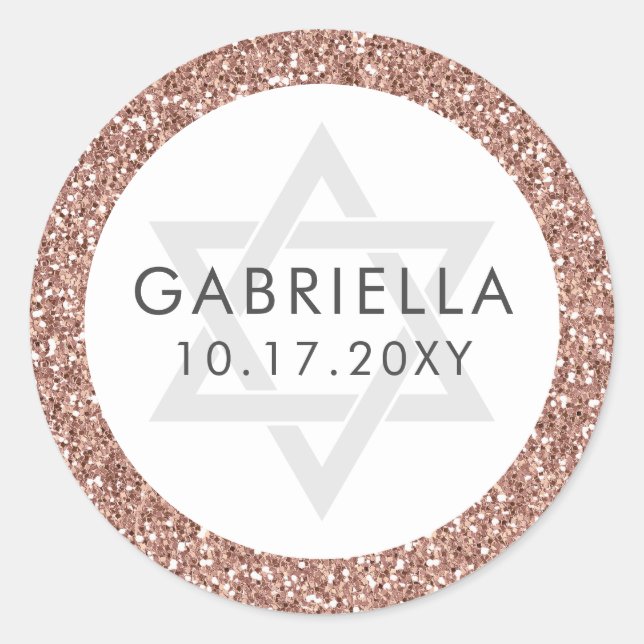 Rosa Glitzer Bat Mitzvah Rose Gold Runder Aufkleber (Vorderseite)