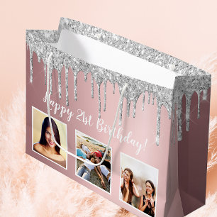 Rosa Glitzer Birthday Blush Foto silber Große Geschenktüte