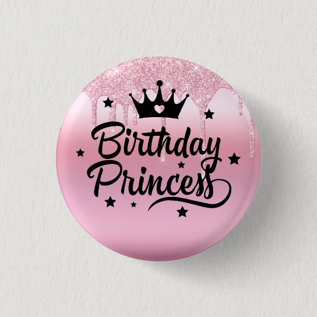 Rosa Glitzer "Birthday Princess" Button (Vorderseite)