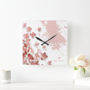 Rosa Glitzer Blume Pinselstrich, Pinselstrich, Mon Quadratische Wanduhr