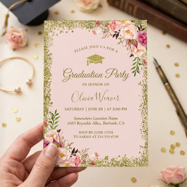 Rosa Glitzer Blumen Foto Abschluss Einladung (Von Creator hochgeladen)