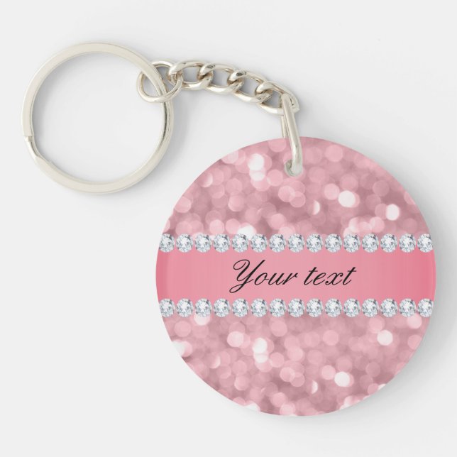 Rosa Glitzer Bokeh und Diamonds Personalisiert Schlüsselanhänger (Vorderseite)