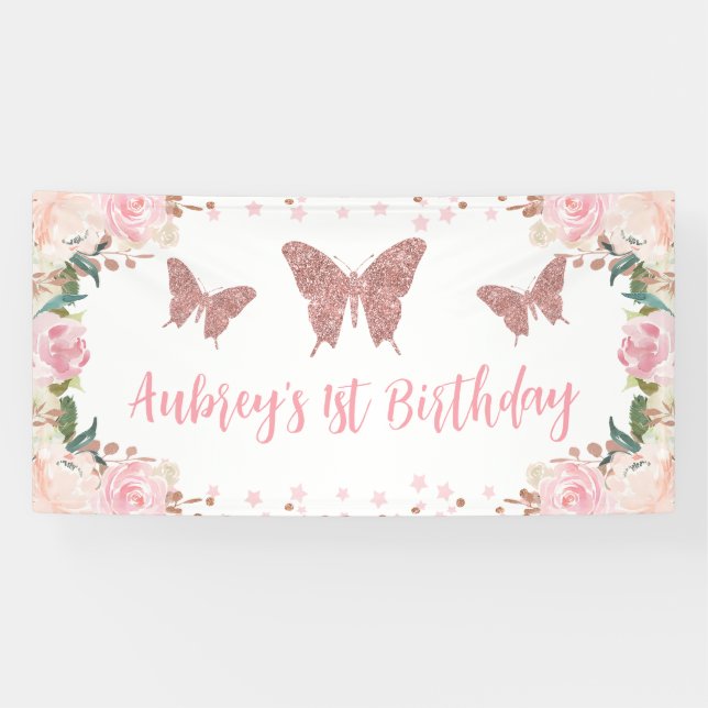 Rosa Glitzer Butterfly Geburtstagsbanner Banner (Horizontal)