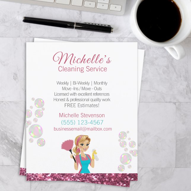 Rosa Glitzer Cartoon Haushaltshilfe Reinigungsserv Flyer (Von Creator hochgeladen)