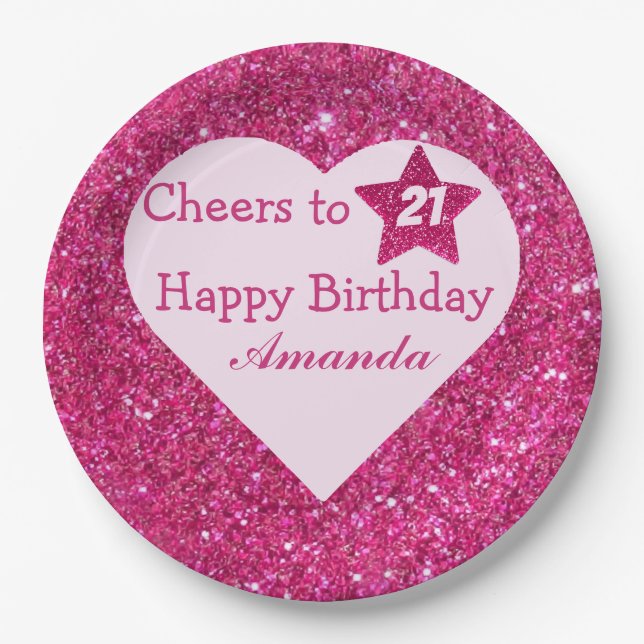 Rosa Glitzer Cheers to 21 Heart Happy Birthday Pappteller (Vorderseite)