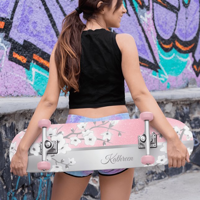 Rosa Glitzer Cherry Blossom Monogram Girl Skateboard (Von Creator hochgeladen)