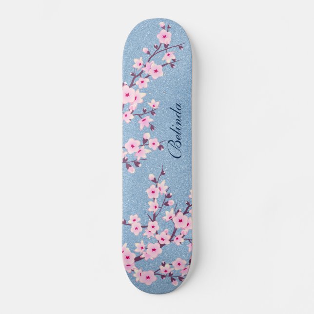 Rosa Glitzer Cherry Blossom Monogram Girl Skateboard (Vorderseite)