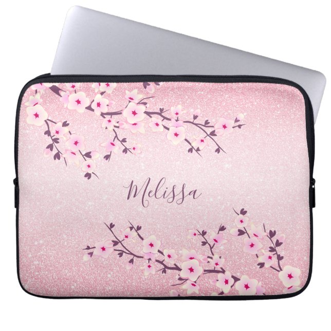 Rosa Glitzer Cherry Blossom Monogramm Laptopschutzhülle (Vorderseite)