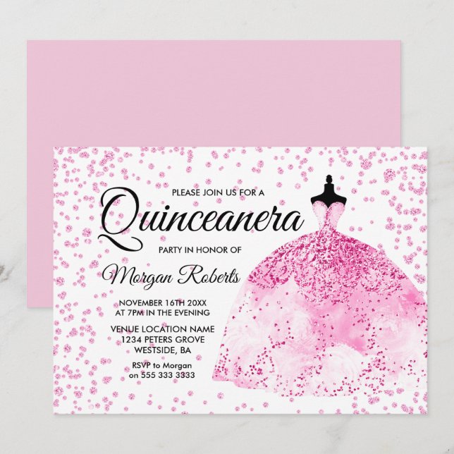 Rosa Glitzer Confetti Kleid Quinceanera laden Einladung (Vorne/Hinten)