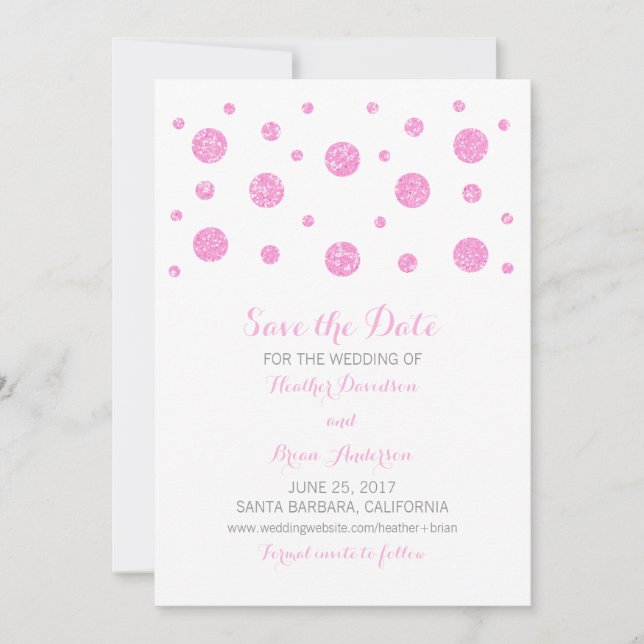 Rosa Glitzer Confetti Save the Date einladen (Vorderseite)