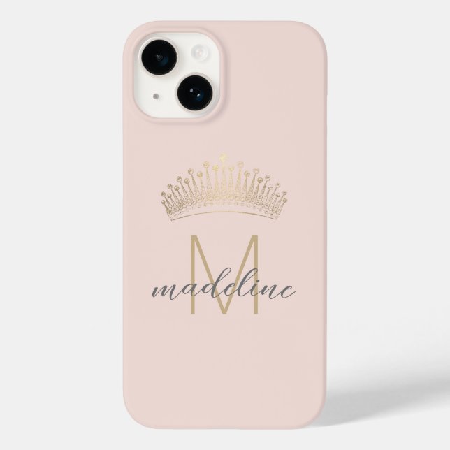 Rosa Glitzer Crown Monogram Initial Case-Mate iPhone 14 Hülle (Rückseite)