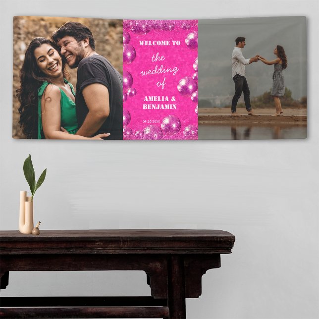 Rosa Glitzer Disco Balls 2 Foto Hochzeit Empfang Banner (Front)