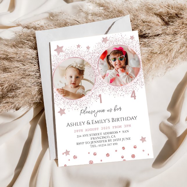 Rosa Glitzer Doppelgeburt Kinder Foto Einladung (Von Creator hochgeladen)