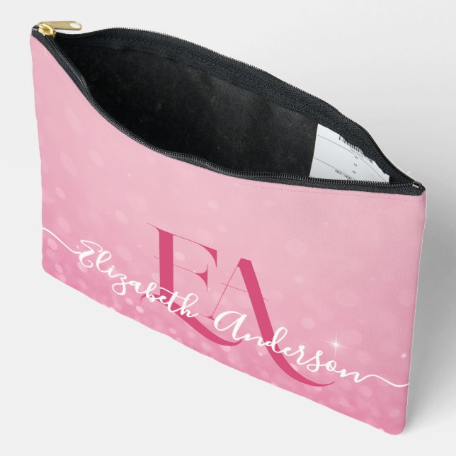 Rosa Glitzer Druckknopfbeutel mit Initialen schnei Zubehörtasche (Offen)