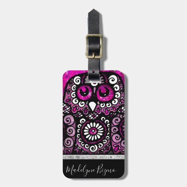 Rosa Glitzer Elegante Black Girly Travel Bird Owl Gepäckanhänger (Vorderseite vertikal)